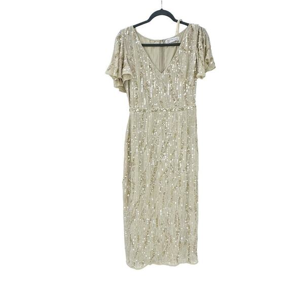 Mac Duggal Oyster Beige Sequined V Neck Flutter Sleeve Tea Length Dress 6 NWT - Picture 4 of 11